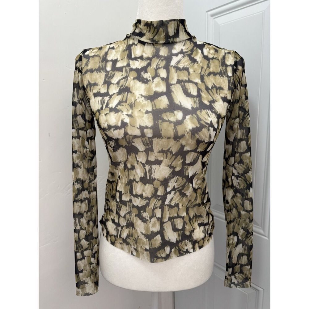 Zara Mesh Top Womens‎ Small 90s Y2K Multicolor Abstract Long Sleeve Mock Neck